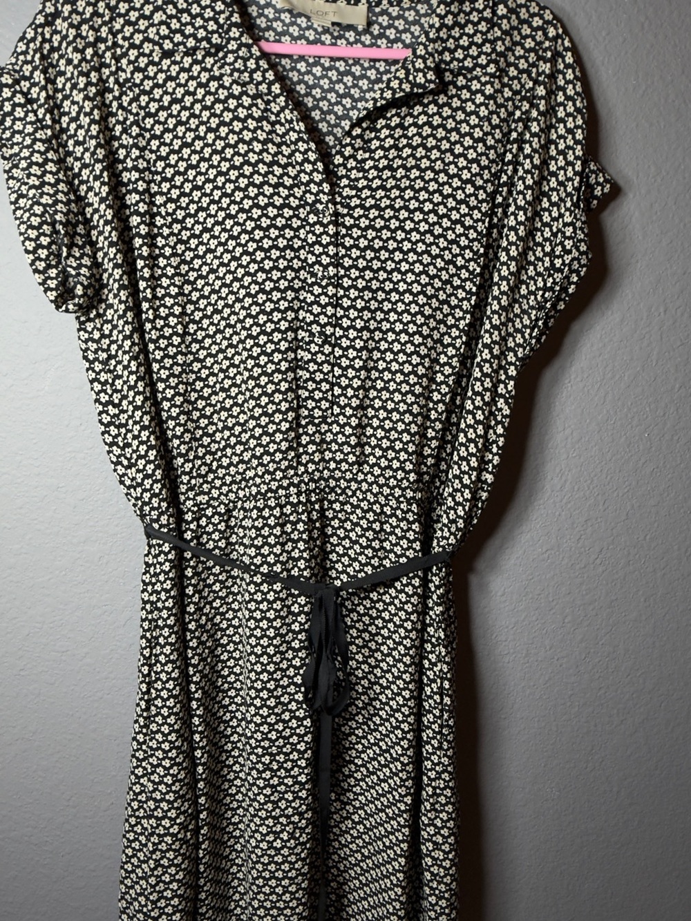 LOFT Black Midi Dress with Cream Floral Dot Print